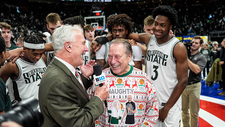 Michigan State head coach Tom Izzo is being interviewed by Big Ten Network after 79-70 win over Oakland at Little Caesars Arena in Detroit on Saturday, Dec. 20, 2025.