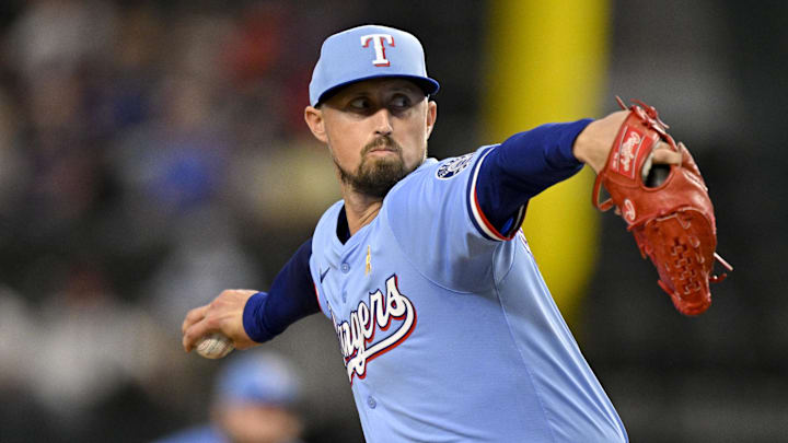Texas Rangers relief pitcher Shawn Armstrong (43) pitches against the Houston Astros during the ninth inning at Globe Life Field.