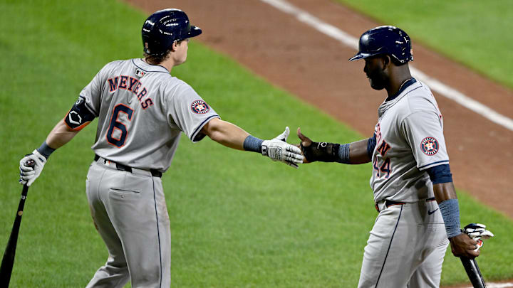 Houston Astros outfielders Yordan Alvarez, Jake Meyers