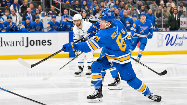 Mar 28, 2026; St. Louis, Missouri, USA; St. Louis Blues left wing Dylan Holloway (81) shoots against the Toronto Maple Leafs during the second period at Enterprise Center. Mandatory Credit: Jeff Curry-Imagn Images