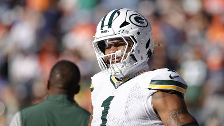 Dec 14, 2025; Denver, Colorado, USA; Green Bay Packers defensive end Micah Parsons (1) warms up before a game against the Denver Broncos at Empower Field at Mile High. Mandatory Credit: Isaiah J. Downing-Imagn Images
