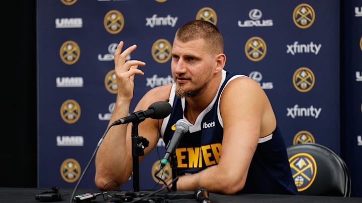 Sep 29, 2025; Denver, CO, USA; Denver Nuggets player Nikola Jokic (15) takes questions during media day at Ball Arena. Mandatory Credit: Isaiah J. Downing-Imagn Images Sep 29, 2025; Denver, CO, USA; Denver Nuggets player Nikola Jokic (15) takes questions during media day at Ball Arena. Mandatory Credit: Isaiah J. Downing-Imagn Images