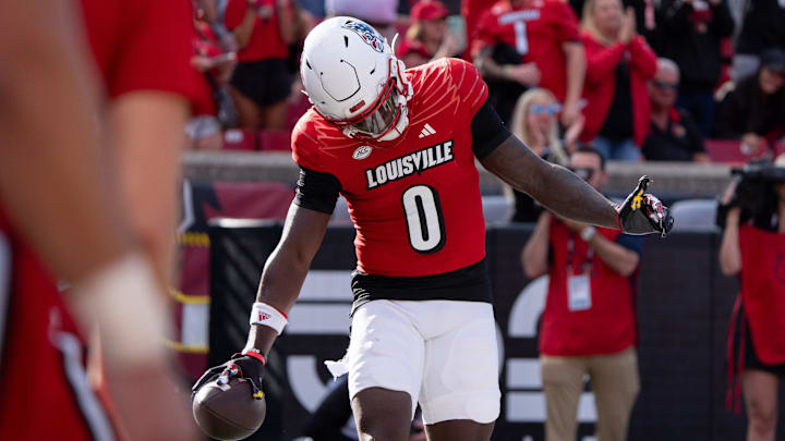 Louisville Cardinals wide receiver Chris Bell (0) celebrates his touchdown during their game against the Jacksonville State Gamecocks on Saturday, Sept. 7, 2024 at L&N Federal Credit Union Stadium in Louisville, Ky.
