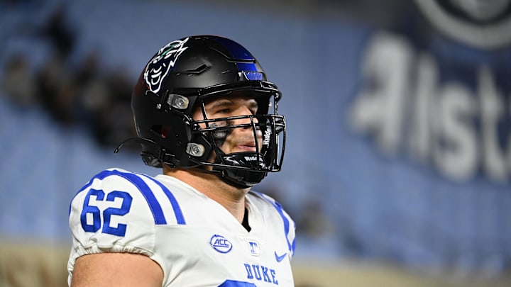 Nov 11, 2023; Chapel Hill, North Carolina, USA; Duke Blue Devils offensive lineman Graham Barton