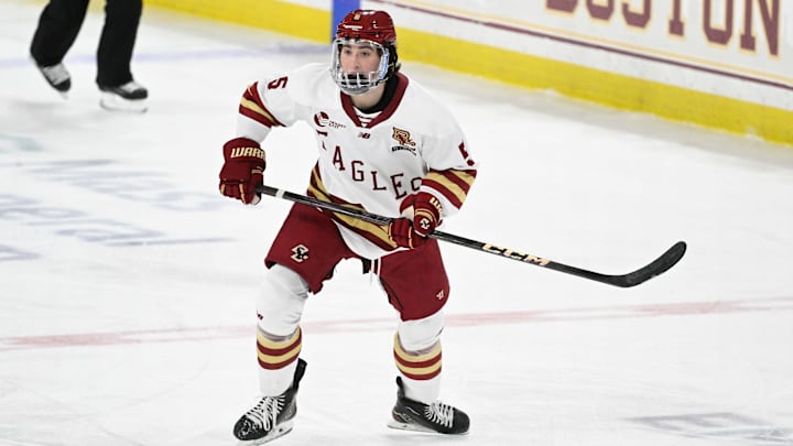 Feb 28, 2025; Chestnut Hill, MA, USA; Boston College defenseman Drew Fortescue (5) skates against the University of New Hampshire Wildcats during the first period at Conte Forum. Mandatory Credit: Eric Canha-Imagn Images