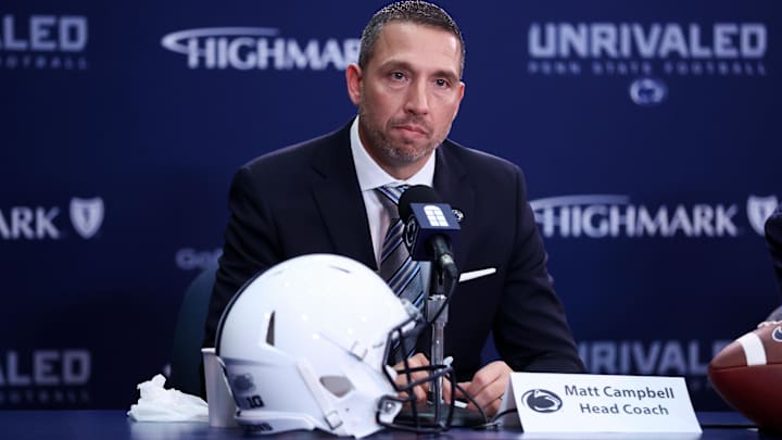 Dec 8, 2025; University Park, PA, USA; Matt Campbell answers questions from the media after being announced as the Penn State Nittany Lions new head coach during a press conference at the Beaver Stadium Press Room. Dec 8, 2025; University Park, PA, USA; Matt Campbell answers questions from the media after being announced as the Penn State Nittany Lions new head coach during a press conference at the Beaver Stadium Press Room.