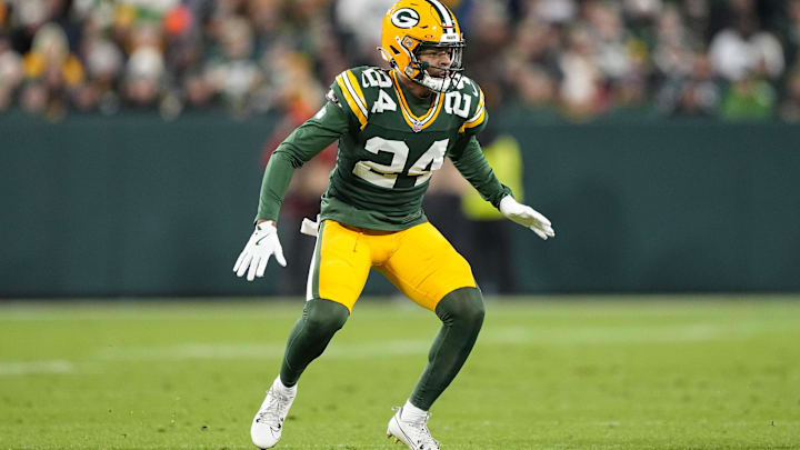 Nov 10, 2025; Green Bay, Wisconsin, USA;  Green Bay Packers cornerback Carrington Valentine (24) during the game against the Philadelphia Eagles at Lambeau Field. Mandatory Credit: Jeff Hanisch-Imagn Images