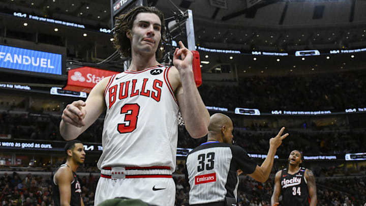 Apr 4, 2025; Chicago, Illinois, USA;  Chicago Bulls guard Josh Giddey (3) after being fouled by the Portland Trail Blazers during the second half at the United Center. Mandatory Credit: Matt Marton-Imagn Images