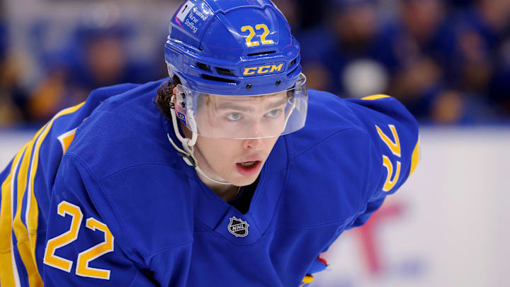 Mar 27, 2025; Buffalo, New York, USA;  Buffalo Sabres right wing Jack Quinn (22) waits for the face-off during the second period against the Pittsburgh Penguins at KeyBank Center. Mandatory Credit: Timothy T. Ludwig-Imagn Images