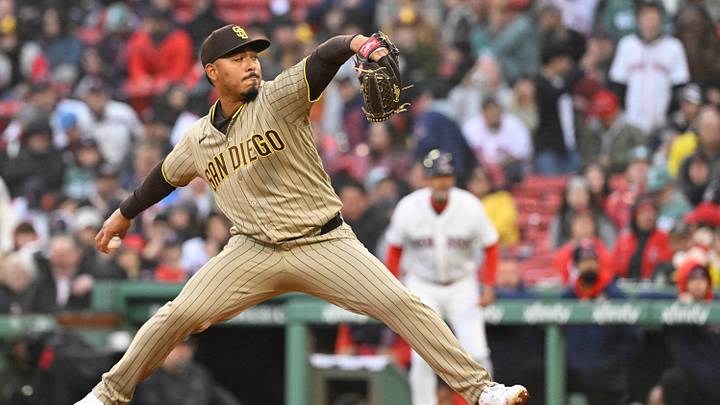 Apr 5, 2026; Boston, Massachusetts, USA; San Diego Padres relief pitcher Jeremiah Estrada (56) pitches against the Boston Red Sox during the eighth inning at Fenway Park. Mandatory Credit: Eric Canha-Imagn Images