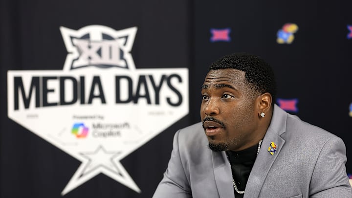 Kansas football quarterback Jalon Daniels at the 2025 Big 12 Football Media Days