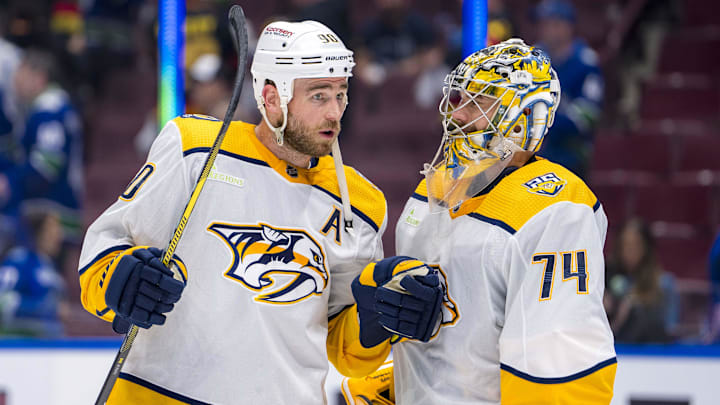 Apr 23, 2024; Vancouver, British Columbia, CAN;  Nashville Predators forward Ryan O'Reilly (90) and