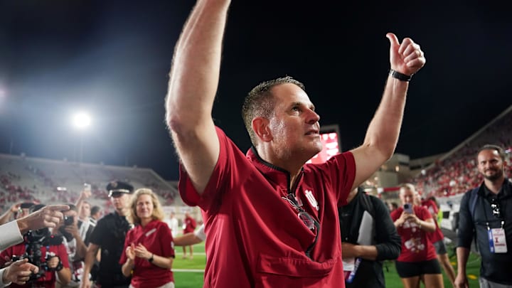 Sep 20, 2025; Bloomington, Indiana, USA; Indiana Hoosiers head coach Curt Cignetti celebrates after defeating the Illinois Fighting Illini at Memorial Stadium. Mandatory Credit: Robert Goddin-Imagn Images