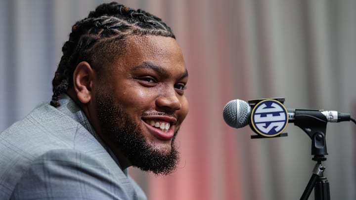 Jul 17, 2025; Atlanta, GA, USA; Arkansas Razorbacks defensive lineman Cam Ball answers questions from the media during the SEC Media Days at Omni Atlanta Hotel. Mandatory Credit: Jordan Godfree-Imagn Images
