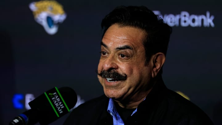 Jacksonville Jaguars owner Shad Khan fields questions after introducing Liam Coen as the new head coach during a press conference Monday, Jan. 27, 2025 at the Miller Electric Center in Jacksonville, Fla.