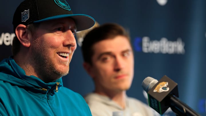 Jacksonville Jaguars head coach Liam Coen, left, speaks next to general manager James Gladstone during a press conference at Miller Electric Center Tuesday, April 15, 2025 in Jacksonville, Fla. [Corey Perrine/Florida Times-Union]