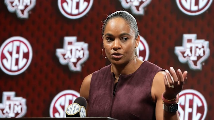 Texas A&M women’s coach Joni Taylor speaks at SEC Media Day in the Grand Bohemian Hotel.