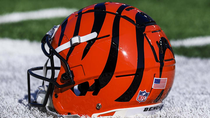 Dec 1, 2024; Cincinnati, Ohio, USA; A general view of the helmet of Cincinnati Bengals long snapper Cal Adomitis (48) during warmups before the game against the Pittsburgh Steelers at Paycor Stadium. Mandatory Credit: Katie Stratman-Imagn Images