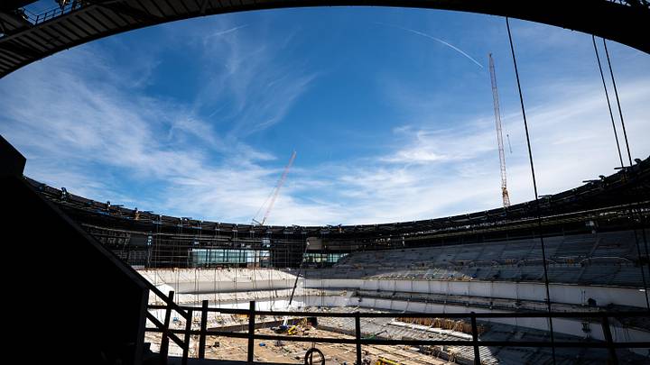 Construction continues at the Tennessee Titans new stadium in Nashville, Tenn., Tuesday, March 24, 2026.