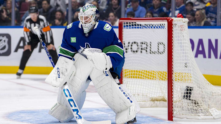 Apr 21, 2024; Vancouver, British Columbia, CAN; Vancouver Canucks goalie Thatcher Demko (35) in the net against the Nashville Predators in the second period in game one of the first round of the 2024 Stanley Cup Playoffs at Rogers Arena. Mandatory Credit: Bob Frid-Imagn Images