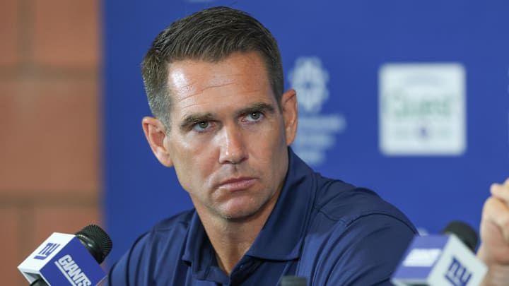 Jul 23, 2025; East Rutherford, NJ, USA; New York Giants general manager Joe Schoen talks with media during training camp at Quest Diagnostics Training Center.  