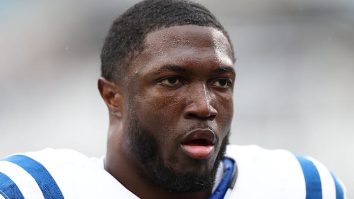 Oct 6, 2024; Jacksonville, Florida, USA; Indianapolis Colts linebacker Jaylon Carlies (57) looks on after a game against the Jacksonville Jaguars at EverBank Stadium. Mandatory Credit: Nathan Ray Seebeck-Imagn Images