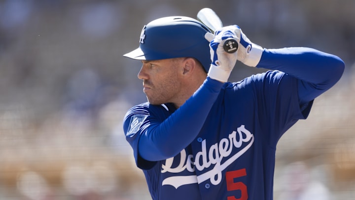 Feb 24, 2026; Phoenix, Arizona, USA; Los Angeles Dodgers first baseman Freddie Freeman against the Cleveland Guardians during a spring training game at Camelback Ranch-Glendale. Mandatory Credit: Mark J. Rebilas-Imagn Images