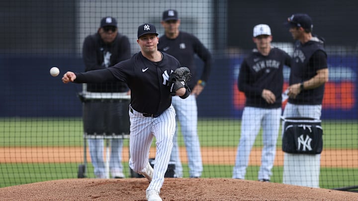 Feb 12, 2025; Tampa, FL, USA; New York Yankees relief pitcher Scott Effross (57) participates in spring training workouts at George M. Steinbrenner Field.
