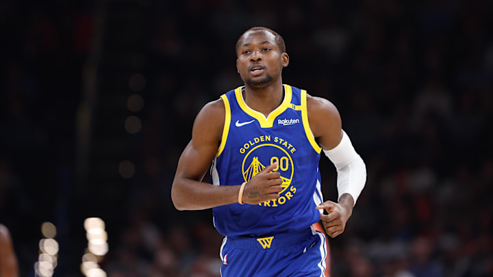 Nov 10, 2024; Oklahoma City, Oklahoma, USA; Golden State Warriors forward Jonathan Kuminga (00) runs down the court against the Oklahoma City Thunder during the second quarter at Paycom Center. Mandatory Credit: Alonzo Adams-Imagn Images Nov 10, 2024; Oklahoma City, Oklahoma, USA; Golden State Warriors forward Jonathan Kuminga (00) runs down the court against the Oklahoma City Thunder during the second quarter at Paycom Center. Mandatory Credit: Alonzo Adams-Imagn Images