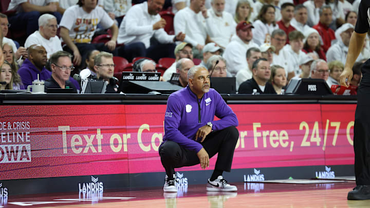 Feb 1, 2025; Ames, Iowa, USA;  Kansas State Wildcats head coach Jerome Tang watches his team play the Iowa State Cyclones during the first half at James H. Hilton Coliseum. Mandatory Credit: Reese Strickland-Imagn Images
