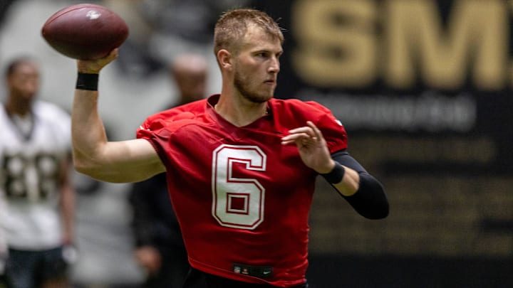 May 10, 2025; New Orleans, LA, USA;  New Orleans Saints quarterback Tyler Shough (6) during rookie minicamp at Ochsner Sports Performance Center. Mandatory Credit: Stephen Lew-Imagn Images