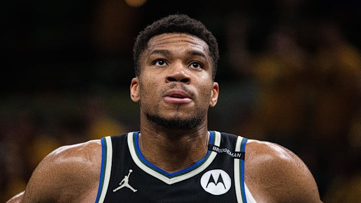 Giannis Antetokounmpo during game five of the first round for the 2024 NBA Playoffs against the Pacers.