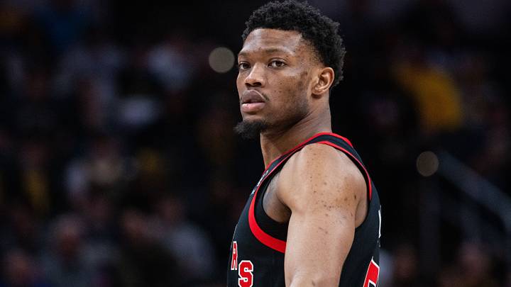 Jan 14, 2026; Indianapolis, Indiana, USA; Toronto Raptors guard Alijah Martin (55) in the second half against the Indiana Pacers at Gainbridge Fieldhouse. Mandatory Credit: Trevor Ruszkowski-Imagn Images