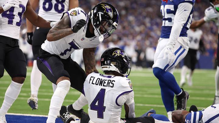 Sep 13, 2026; Indianapolis, Indiana, USA; Baltimore Ravens wide receiver Rashod Bateman (7) and wide receiver Zay Flowers (4) celebrate a touchdown by Zay Flowers (4) against the Indianapolis Colts at Lucas Oil Stadium. Mandatory Credit: Trevor Ruszkowski-Imagn Images Sep 13, 2026; Indianapolis, Indiana, USA; Baltimore Ravens wide receiver Rashod Bateman (7) and wide receiver Zay Flowers (4) celebrate a touchdown by Zay Flowers (4) against the Indianapolis Colts at Lucas Oil Stadium. Mandatory Credit: Trevor Ruszkowski-Imagn Images