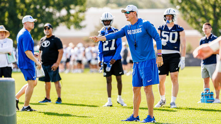 BYU defensive coordinator Jay Hill at Fall Camp