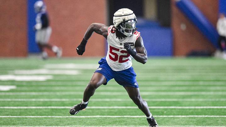 May 21, 2026; East Rutherford, NJ, USA; New York Giants linebacker Arvell Reese (52) participates in a drill during organized team activities at Quest Diagnostics Training Center. Mandatory Credit: John Jones-Imagn Images