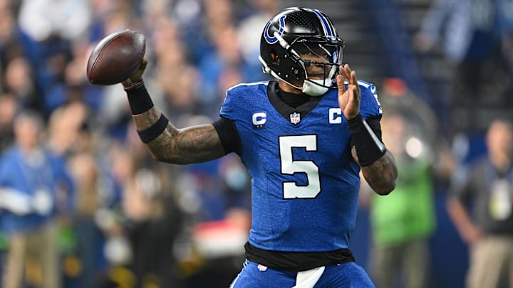 Nov 24, 2024; Indianapolis, Indiana, USA; Indianapolis Colts quarterback Anthony Richardson (5) throws a pass during the first quarter against the Detroit Lions at Lucas Oil Stadium. Nov 24, 2024; Indianapolis, Indiana, USA; Indianapolis Colts quarterback Anthony Richardson (5) throws a pass during the first quarter against the Detroit Lions at Lucas Oil Stadium.