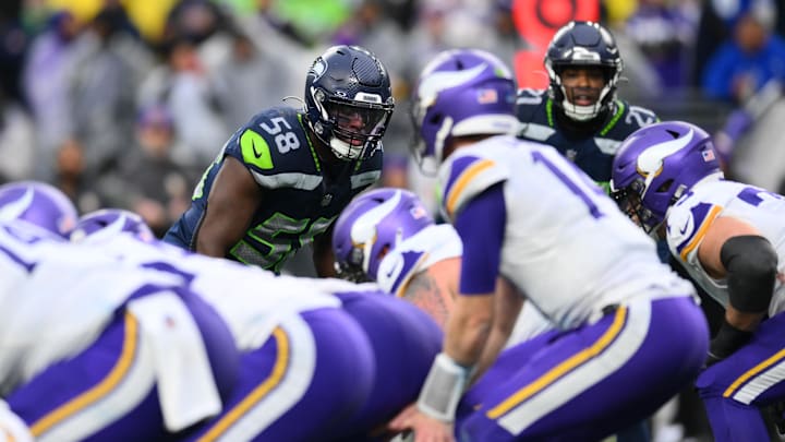 Dec 22, 2024; Seattle, Washington, USA; Seattle Seahawks linebacker Derick Hall (58) waits for the ball to be snapped during the second half against the Minnesota Vikings at Lumen Field. Mandatory Credit: Steven Bisig-Imagn Images
