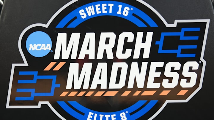 Mar 26, 2026; Fort Worth, TX, USA;  A detailed view of the March Madness Sweet 16 Elite 8 logo during a practice session press conference ahead of the women's 2026 NCAA Tournament at Dickies Arena. Mandatory Credit: Chris Jones-Imagn Images
