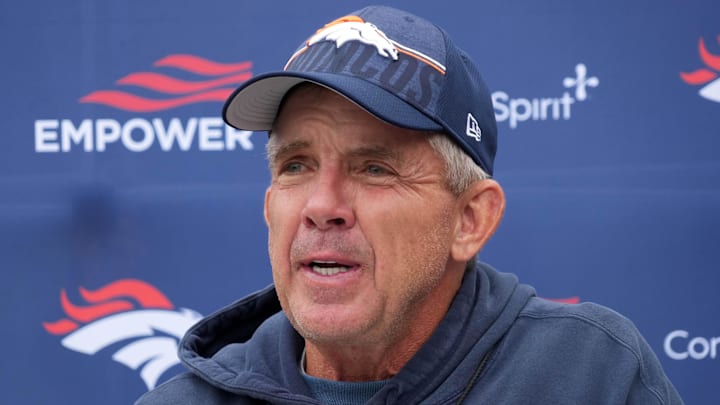 Oct 10, 2025; Ware, United Kingdom; Denver Broncos head coach Sean Payton speaks to media at press conference at the Hanbury Manor. Mandatory Credit: Kirby Lee-Imagn Images