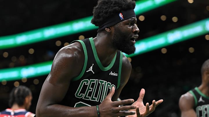 Mar 14, 2026; Boston, Massachusetts, USA; Boston Celtics center Neemias Queta (88) reacts after being called for a foul against the Washington Wizards during the first half at the TD Garden. Mandatory Credit: Brian Fluharty-Imagn Images