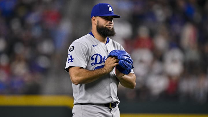 Apr 20, 2025; Arlington, Texas, USA; Los Angeles Dodgers relief pitcher Luis Garcia (57) during the game between the Texas Rangers and the Los Angeles Dodgers at Globe Life Field. Mandatory Credit: Jerome Miron-Imagn Images