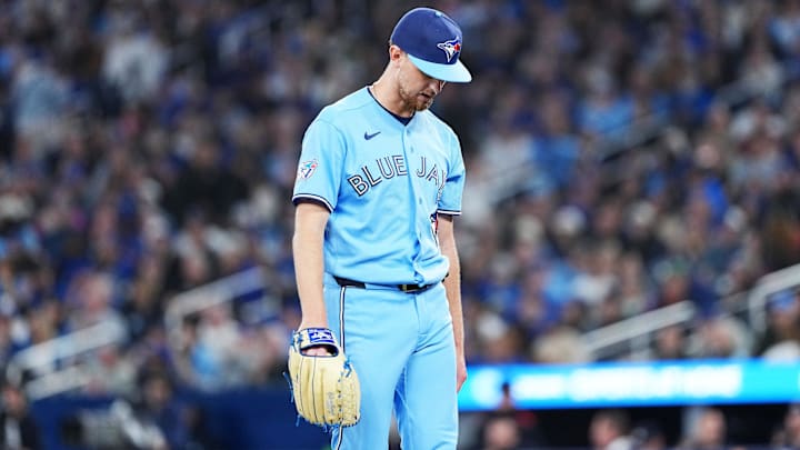 Apr 11, 2026; Toronto, Ontario, CAN; Toronto Blue Jays starting pitcher Eric Lauer (56) walks towards the dugout against the Minnesota Twins during the third inning at Rogers Centre. Mandatory Credit: Nick Turchiaro-Imagn Images