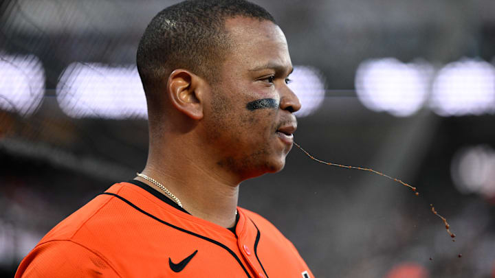 Jun 20, 2025; San Francisco, California, USA; San Francisco Giants designated hitter Rafael Devers (16) spits while in the dugout against the Boston Red Sox in the fourth inning at Oracle Park. Mandatory Credit: Eakin Howard-Imagn Images Jun 20, 2025; San Francisco, California, USA; San Francisco Giants designated hitter Rafael Devers (16) spits while in the dugout against the Boston Red Sox in the fourth inning at Oracle Park. Mandatory Credit: Eakin Howard-Imagn Images