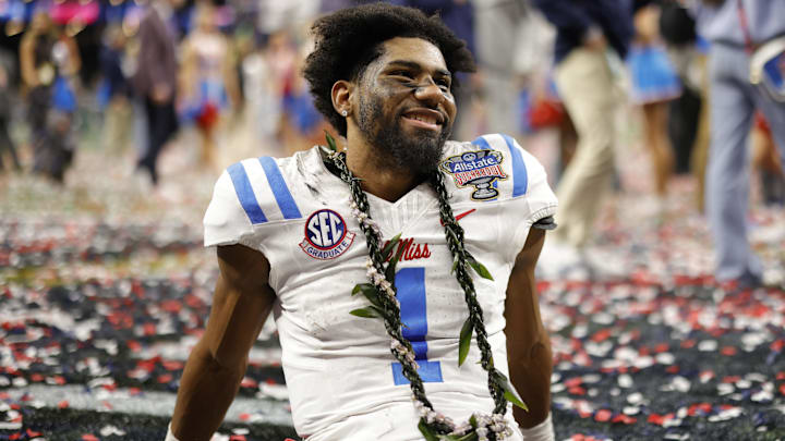 Jan 1, 2026; New Orleans, LA, USA; Mississippi Rebels wide receiver De'Zhaun Stribling (1) celebrates on the field after defeating the Georgia Bulldogs during the 2026 Sugar Bowl and quarterfinal game of the College Football Playoff at Caesars Superdome. Mandatory Credit: Amber Searls-Imagn Images
