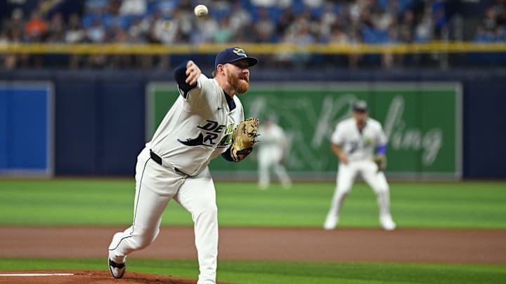 Aug 9, 2024; St. Petersburg, Florida, USA; Tampa Bay Rays starting pitcher Zack Littell (52) throws a pitch in the first inning against the Baltimore Orioles at Tropicana Field. Aug 9, 2024; St. Petersburg, Florida, USA; Tampa Bay Rays starting pitcher Zack Littell (52) throws a pitch in the first inning against the Baltimore Orioles at Tropicana Field.