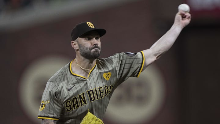 Sep 13, 2024; San Francisco, California, USA;  San Diego Padres relief pitcher Tanner Scott (66) pitches during the seventh inning against the San Francisco Giants at Oracle Park.