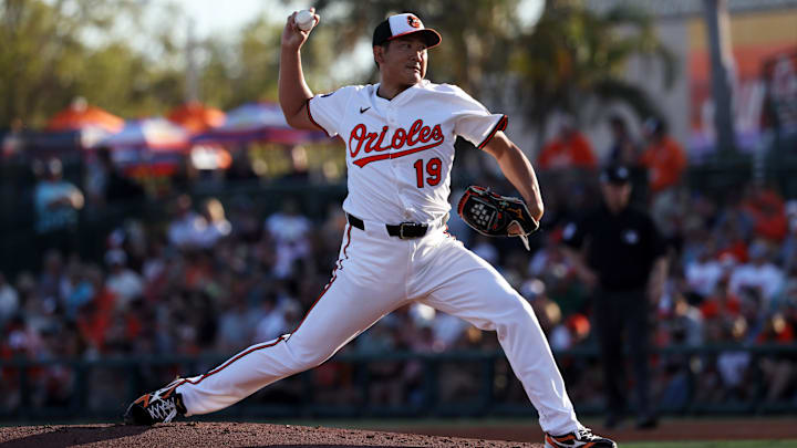 Mar 14, 2025; Sarasota, Florida, USA; Baltimore Orioles starting pitcher Tomoyuki Sugano (19) throws a pitch during the second inning against the Minnesota Twins at Ed Smith Stadium. Mar 14, 2025; Sarasota, Florida, USA; Baltimore Orioles starting pitcher Tomoyuki Sugano (19) throws a pitch during the second inning against the Minnesota Twins at Ed Smith Stadium.