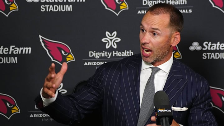 Jonathan Gannon speaks about Walter Nolen during a news conference inside the Arizona Cardinals training facility on April 24, 2025, in Tempe.