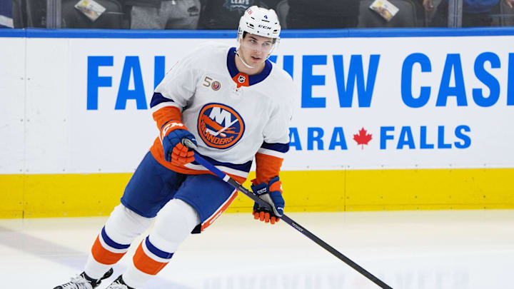 Jan 23, 2023; Toronto, Ontario, CAN; New York Islanders defenseman Samuel Bolduc skates during the